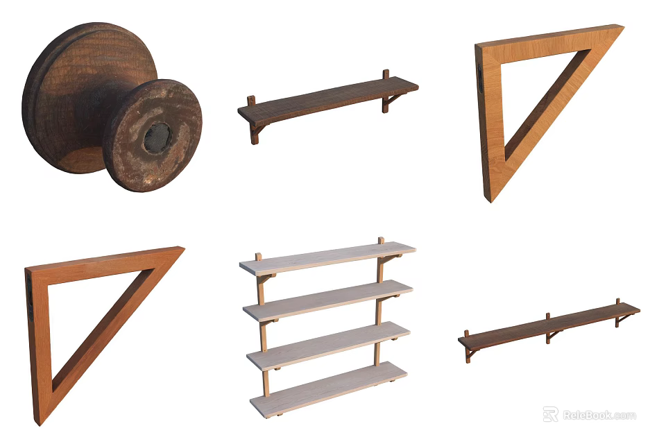 Wooden Storage Shelves With Triangular Brackets Multi Tiered Racks And Reel Components 3d model