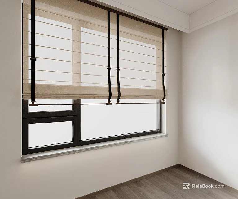 Beige Roman Curtain With Black Straps For Window In White Walls Wooden Floor Room 3d model 
