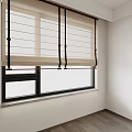 Beige Roman Curtain With Black Straps For Window In White Walls Wooden Floor Room