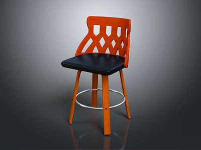 Wooden Bar Stool With Lattice Diamond Pattern Backrest Black Seat Metal Legs Silver Ring Support 3d model