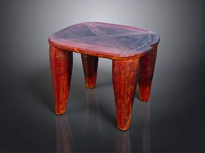 Handcrafted Reddish Wooden Stool With Four Legs And Textured Glossy Top Design 3d model