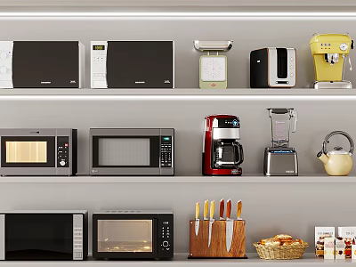 Essential Kitchen Appliances On Shelves Featuring Microwave Coffee Maker Blender And Toaster 3d model