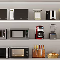 Essential Kitchen Appliances On Shelves Featuring Microwave Coffee Maker Blender And Toaster 3d model