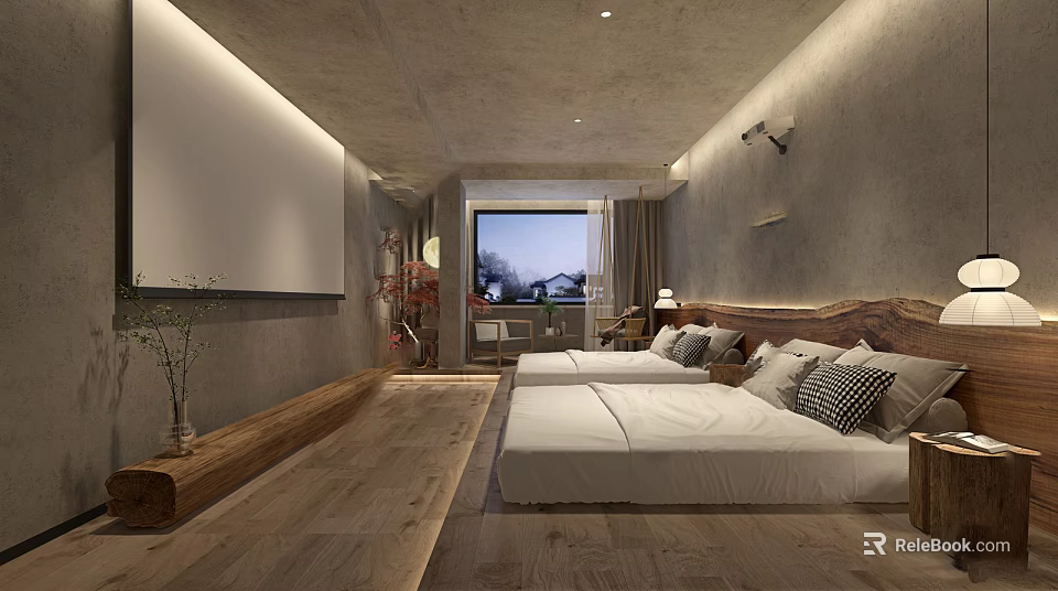 Hotel Guest Room With Two Beds Wooden Flooring Gray Walls Decorative Plants And Window View 3d model 