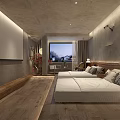 Hotel Guest Room With Two Beds Wooden Flooring Gray Walls Decorative Plants And Window View