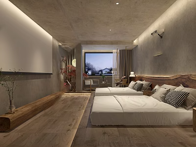 Hotel Guest Room With Two Beds Wooden Flooring Gray Walls Decorative Plants And Window View 3d model