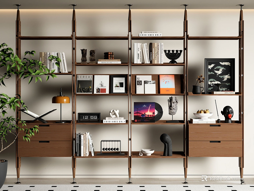 Modern Wooden Bookcase Interior With Books Decorative Frames Lamp And Green Plant 3d model 