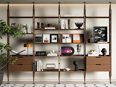 Modern Wooden Bookcase Interior With Books Decorative Frames Lamp And Green Plant 3d model