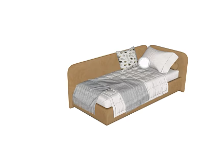 Cozy Brown Sofa Bed With Gray And White Blanket And Pillows 3d model