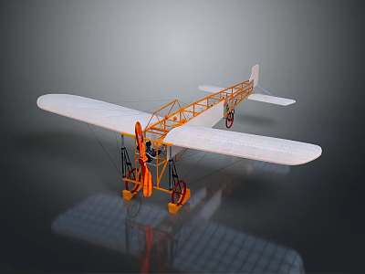 Vintage Biplane Airliner Model With Orange Frame White Wings Wheels And Reflection On Dark Background 3d model