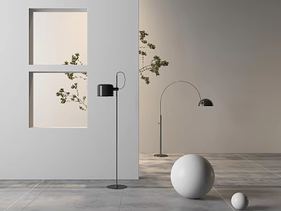 Modern Black Floor Lamp Design In Minimalist Interior With Plants And Spheres 3d model