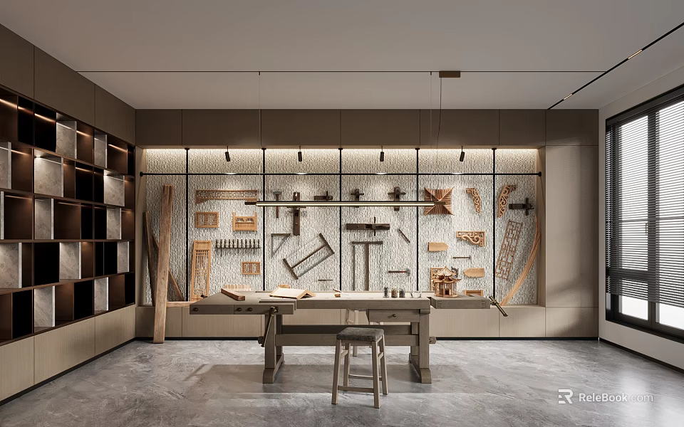 Modern Public Office Space With Open Layout Wooden Desk Bookshelves And Hanging Lights 3d model 