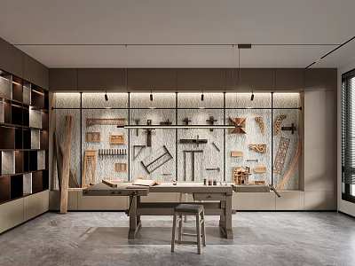 Modern Public Office Space With Open Layout Wooden Desk Bookshelves And Hanging Lights 3d model