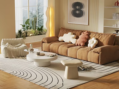 Modern Living Room Interior With Brown Sofa Plush Toys White Coffee Table And Wave Rug 3d model