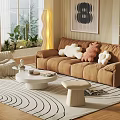 Modern Living Room Interior With Brown Sofa Plush Toys White Coffee Table And Wave Rug