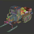 Cartoon Snow Truck with Blue Orange Design Tracks Skis and Loaded Yellow Items