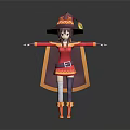 Magical Game Character In Red Dress With Purple Wizard Hat And Orange Cape Arms Outstretched