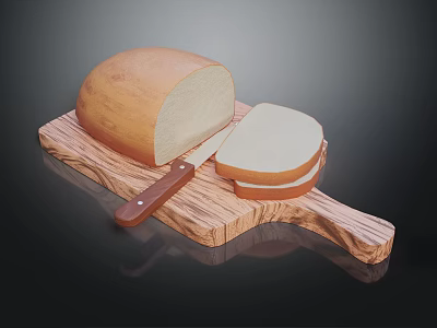Fresh Loaf of Bread with Sliced Pieces on Wooden Cutting Board and Knife 3d model