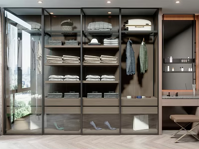 Modern Wardrobe Interior With Glass Doors Folded Clothes Hanging Garments Shoes Shelves And Drawers 3d model