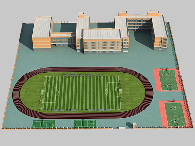 Large Green Football Field With Red Running Track And Surrounding School Buildings 3d model