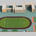 Large Green Football Field With Red Running Track And Surrounding School Buildings
