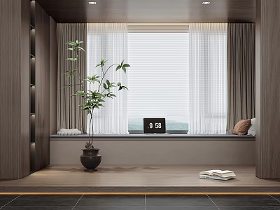 Modern Living Room Bay Window With Wooden Wall Green Plant Clock Pillows And Blanket 3d model