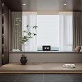 Modern Living Room Bay Window With Wooden Wall Green Plant Clock Pillows And Blanket