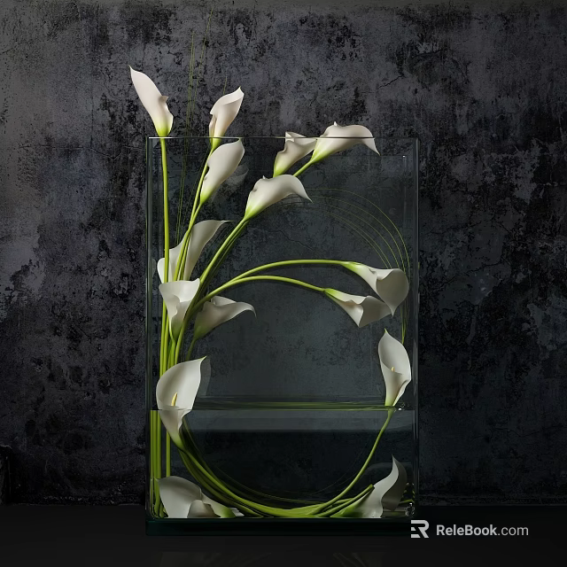 Elegant White Calla Lilies Arrangement In Clear Glass Vase With Dark Textured Background 3d model 