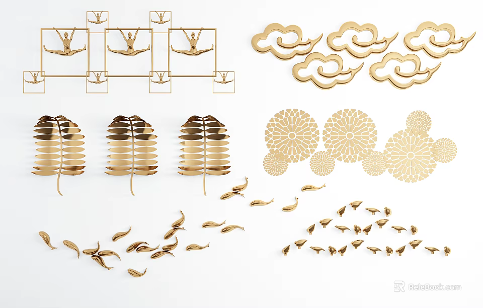 Elegant Modern Golden Wall Decor Featuring Cloud Leaf Flower And Bird Shapes 3d model