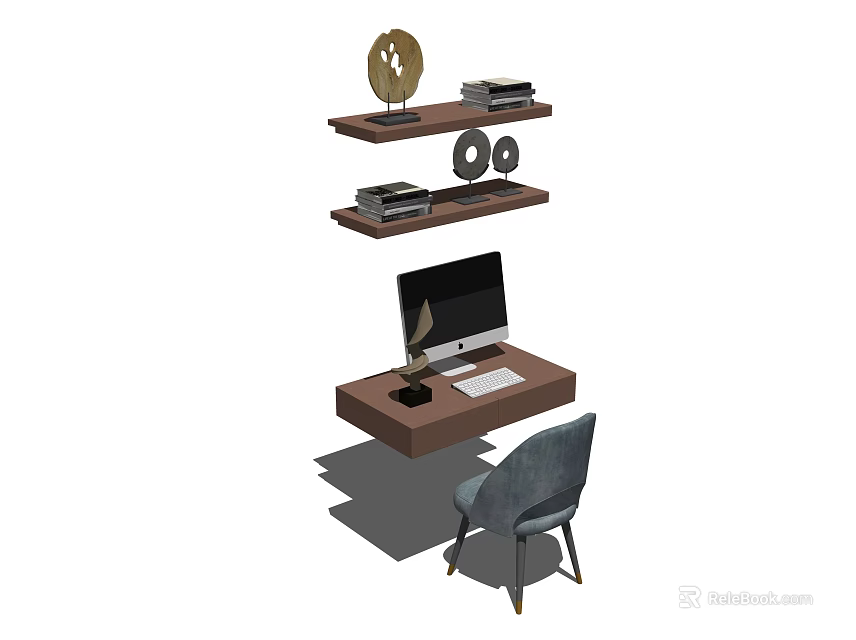 Modern Home Office Desk With Computer Monitor Keyboard Mouse Chair And Shelves With Decorative Items 3d model 