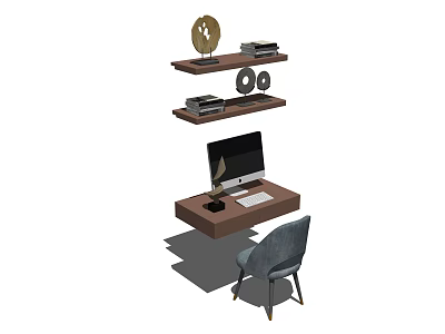 Modern Home Office Desk With Computer Monitor Keyboard Mouse Chair And Shelves With Decorative Items 3d model