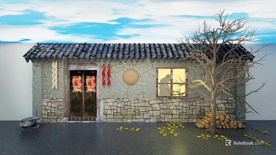 Ancient Building Tile Roof Stone Wall Red Doors Lit Window With Fallen Leaves Wood Stack 3d model 