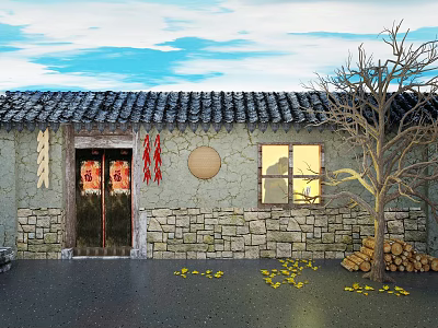 Ancient Building Tile Roof Stone Wall Red Doors Lit Window With Fallen Leaves Wood Stack 3d model