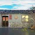 Ancient Building Tile Roof Stone Wall Red Doors Lit Window With Fallen Leaves Wood Stack