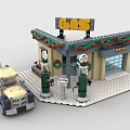 Detailed Building Blocks Gas Station With Snacks Sign Toy Truck Red Wreath And Gas Pumps