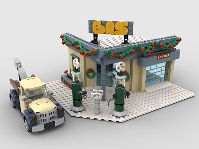 Detailed Building Blocks Gas Station With Snacks Sign Toy Truck Red Wreath And Gas Pumps 3d model