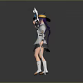 Woman In Witch Hat With Purple Braids Holding Magic Staff In Gray And Blue Outfit