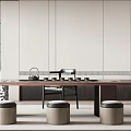 Modern Minimalist Tea Room With Long Table And Stools