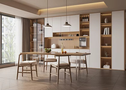 Nordic Log Style Restaurant Dining Table and Chair Chandelier Wine Cabinet 3d model