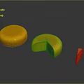 Round Yellow Cheese with Sliced Piece and Small Cut Portion on Dark Surface 3d model
