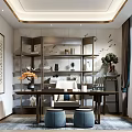 Modern Study Room With Orange Yellow Bonsai Tree Grey Pot Bookshelf Books And Decorative Items