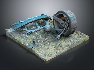 Car Tire With Blue Mechanical Components On Grass Base And Small Parts 3d model
