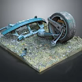 Car Tire With Blue Mechanical Components On Grass Base And Small Parts