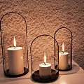 Lantern Shaped Decorative Ornament Set With Black Frame Transparent Glass And Lit Candles