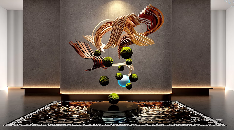 Modern Flowing Sculpture With Wooden Tones Green Spheres And Blue Orb On Water Pool Base 3d model 
