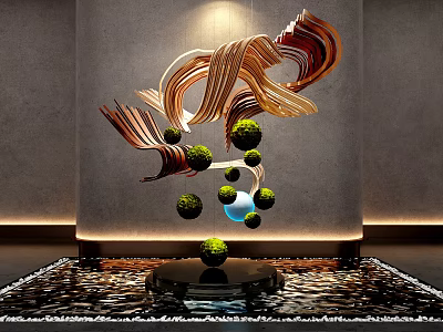 Modern Flowing Sculpture With Wooden Tones Green Spheres And Blue Orb On Water Pool Base 3d model