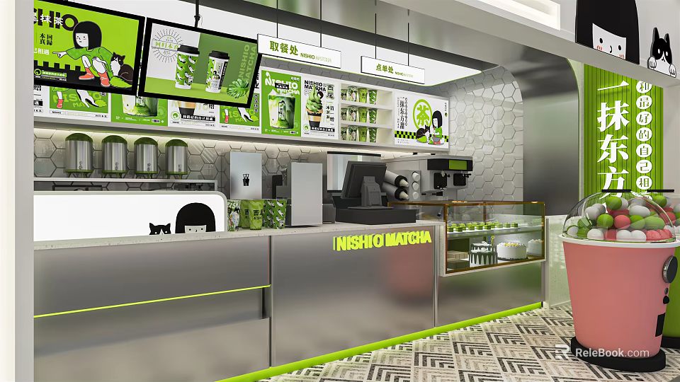 Modern Matcha Milk Tea Shop Interior With Counter Display And Green Decor 3d model 