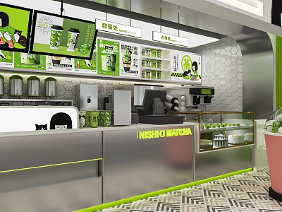 Modern Matcha Milk Tea Shop Interior With Counter Display And Green Decor 3d model