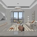 Modern Living And Dining Room Interior Design With Sofa Patterned Rug Chandelier And Wall Art 3d model