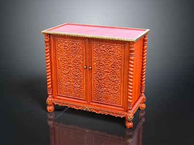 Antique Red Wooden Cabinet With Intricate Carved Patterns Gold Trim Pink Top And Carved Legs 3d model